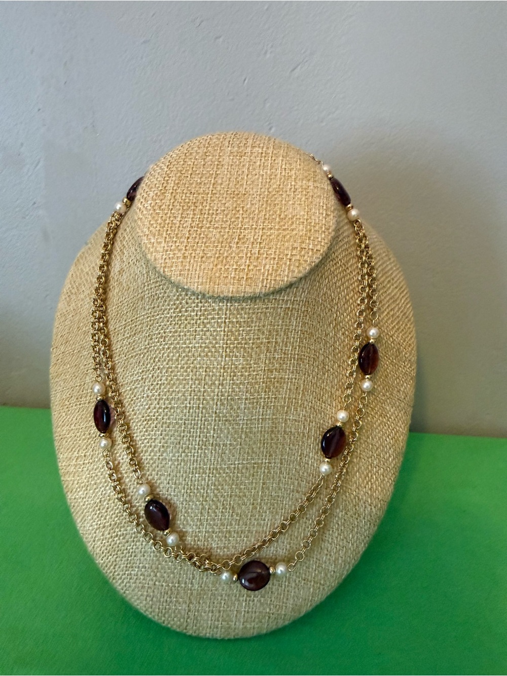 Avon Gold Chain Necklace with Dark Purple Beads and Pearl Accents